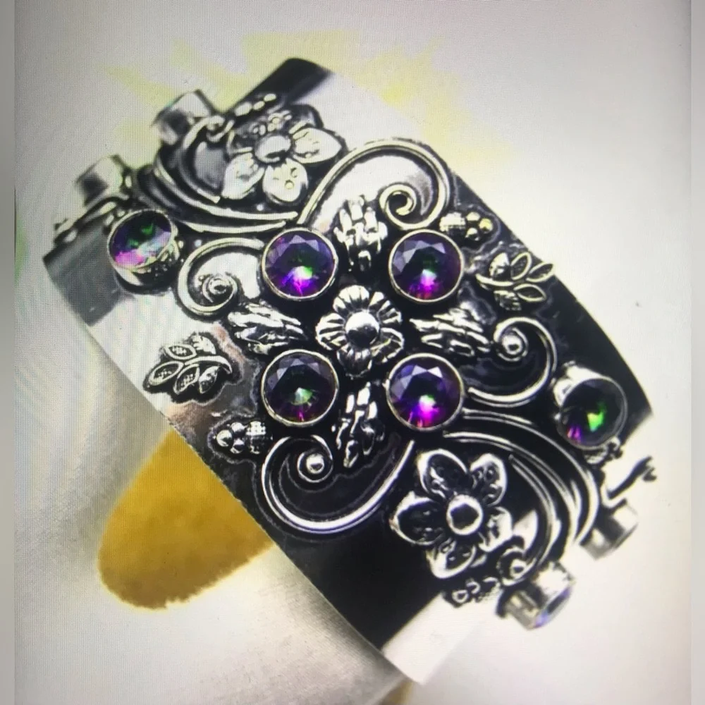 Mystic Topaz Stamped Solid 925 Sterling Silver Cuff Bracelet